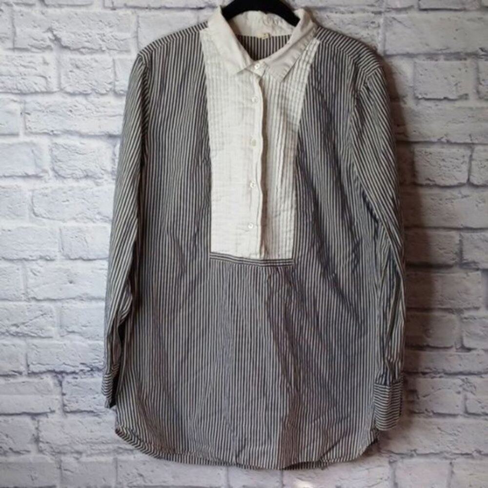 J. Crew Long Sleeve Bib Yoke Striped Shirt Blue Tan Small‎ S